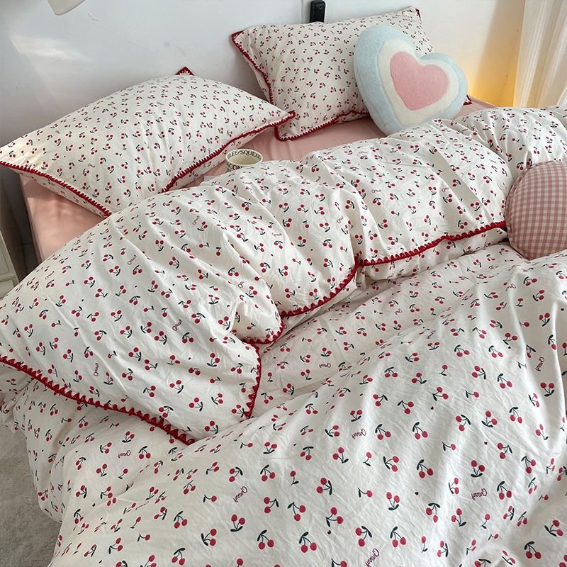 Girly Heart Cherry Quilt Cover Double-Layer Yarn Bedding Four-Piece Set Simple Washed Cotton Sheets Dormitory Set