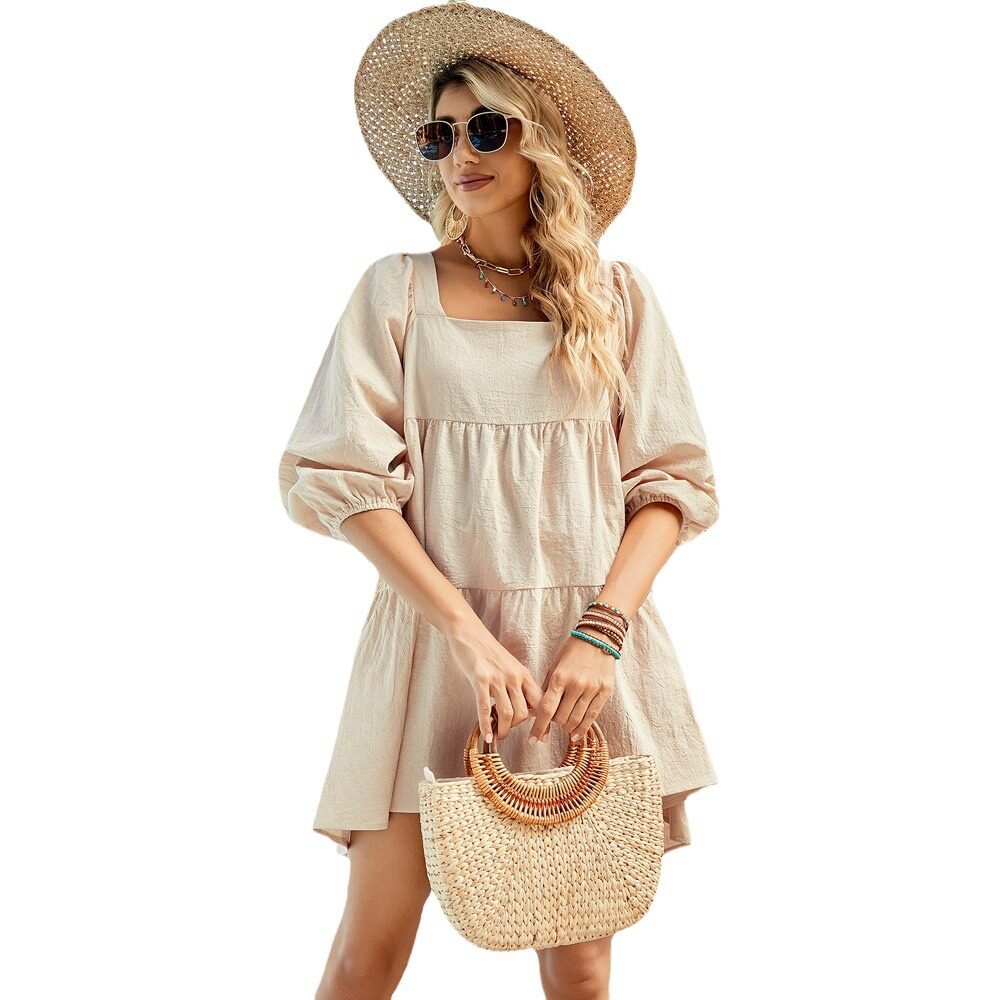 Bohemian Style Square Neck Midi Dress High Waist Three Quarter Sleeves Solid Color Spring Fashion Wholesale