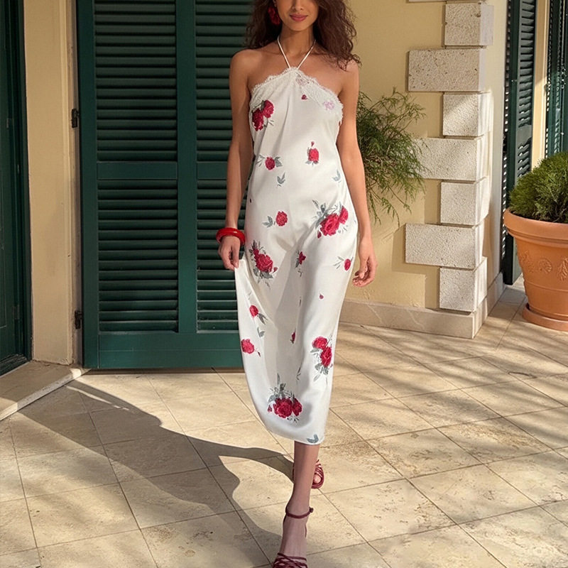 Rose Print Lace Maxi Dress for Women Summer Lightweight Elegant Halter Neck Loose Off Shoulder Style Perfect for