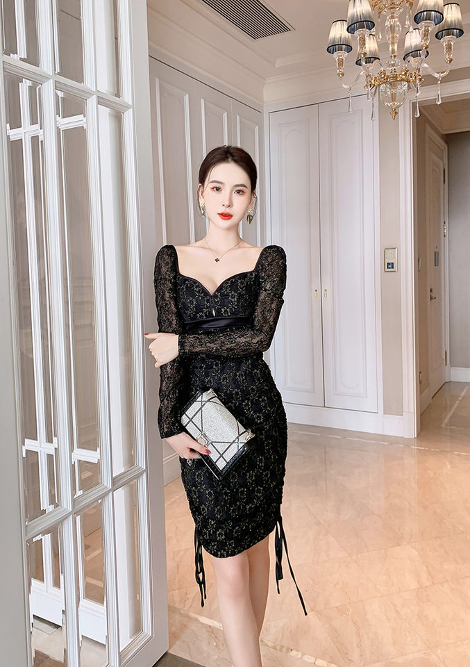 Váy Ôm Body Nữ Ren Lưới Tay Phồng Cổ Tim Dây Rút Màu Đen chi tiết 19