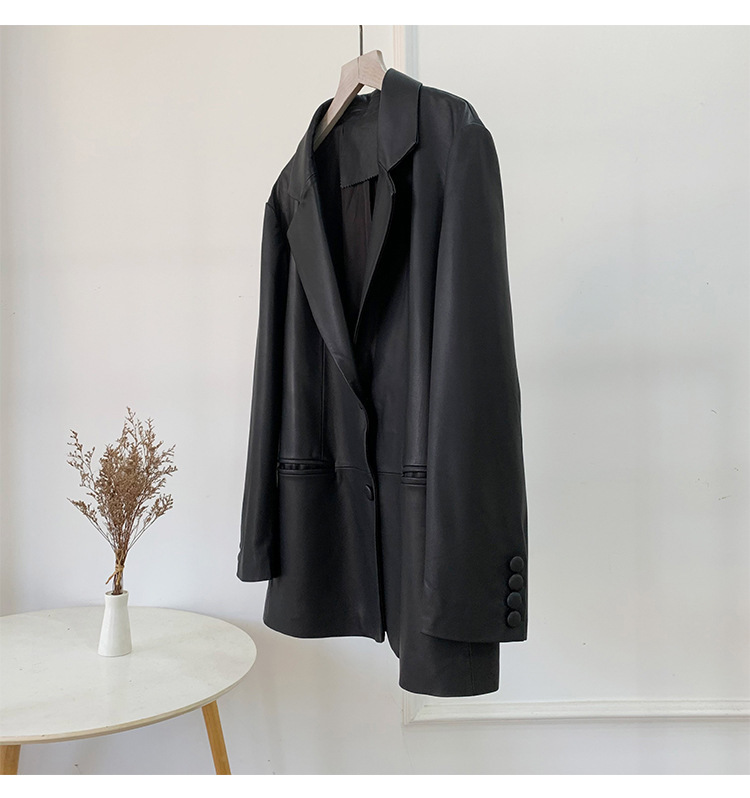 Áo khoác da cừu nữ dáng blazer phối cúc một hàng — Màu cà phê, Màu đen, Màu hồng