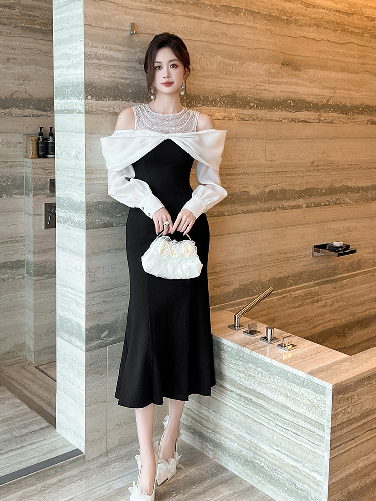 Đầm dài nữ trễ vai thiết kế đuôi cá thanh lịch — Màu đen