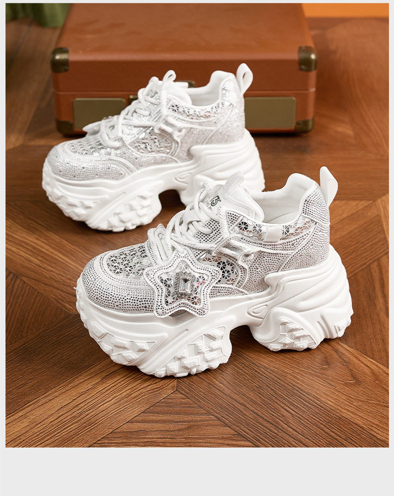 Giày sneaker nữ đế dày tăng chiều cao lưới thoáng khí dây buộc — Trắng, Bạc chi tiết 16