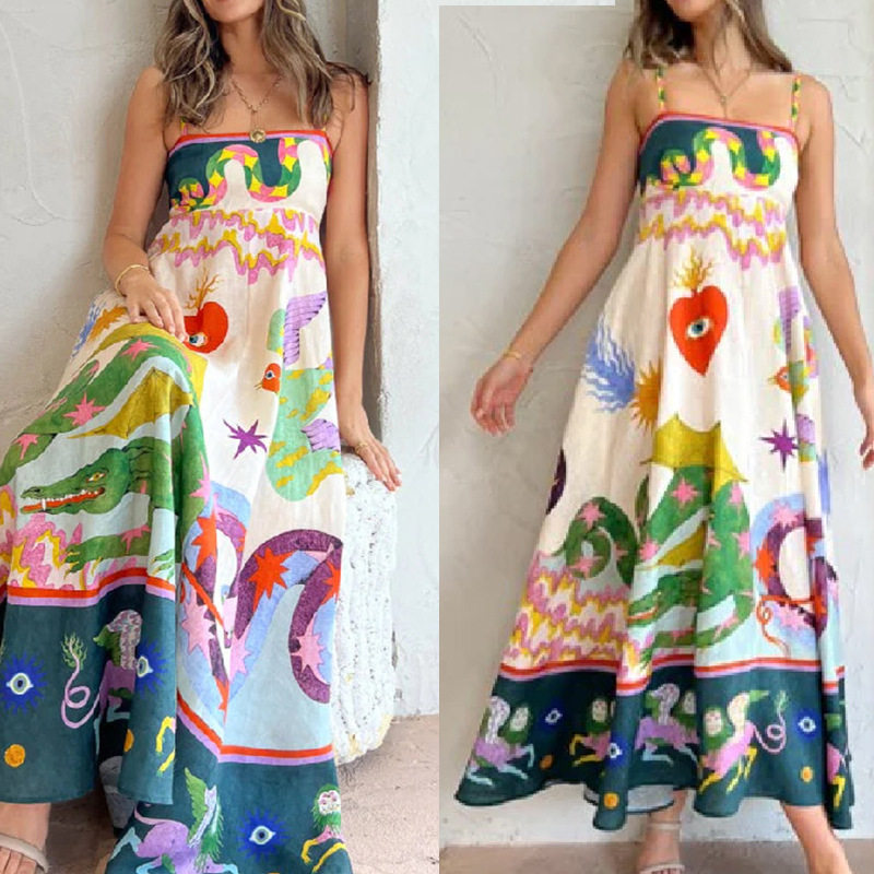 Loose Fit Art Print Off Shoulder High Waist Maxi Dress Spring Collection for Women Stylish Casual Wear Wholesale