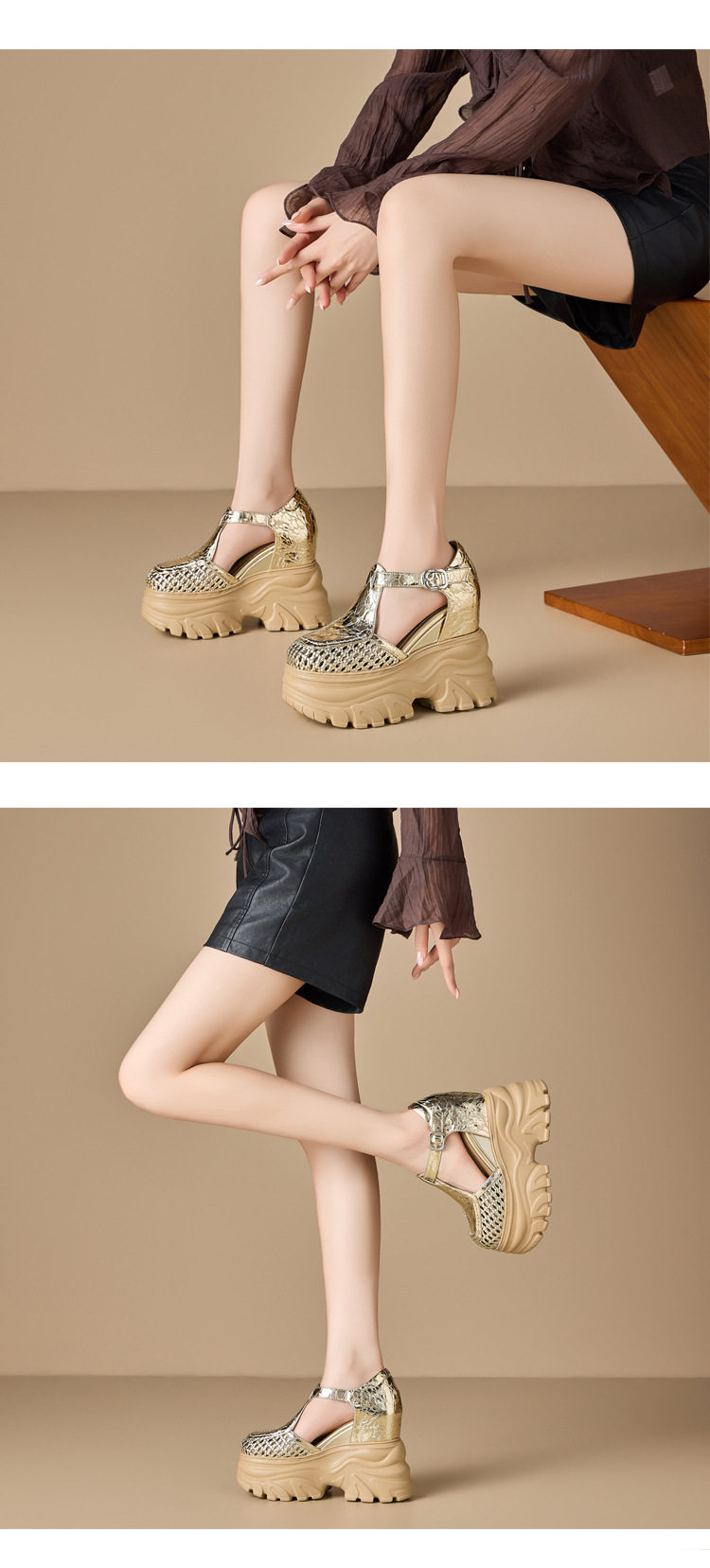 Sandal cao gót nữ đế xuồng 14cm dệt lưới mũi tròn hở mũi — [Trắng kem], [Đen], [Vàng nhạt] chi tiết 3