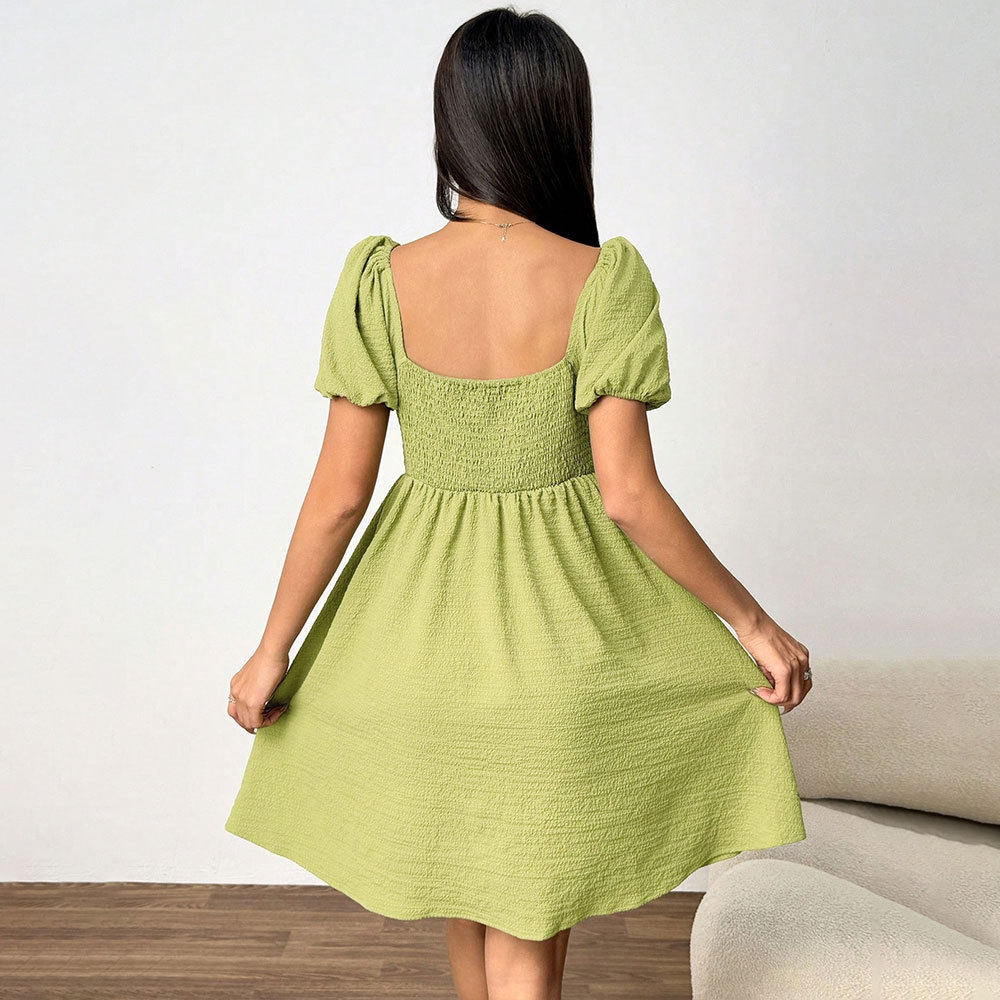 Elegant Summer Dress Sexy Square Neck Puff Sleeves Fitted Waist Perfect for Parties and Casual Outings Wholesale