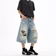 American Street Style Wide-Leg Pants, Fashionable and Versatile Design, Whiskered Ripped Jeans for Men, Summer Thin Loose Straight Pants