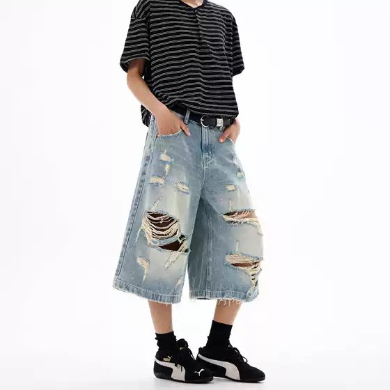 American Street Style Wide-Leg Pants, Fashionable and Versatile Design, Whiskered Ripped Jeans for Men, Summer Thin Loose Straight Pants