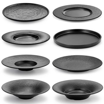 Kaiba Melamine Plate Japanese Imitation Porcelain Black Round Plate Hot Pot Dish Barbecue Plate Western Steak Flat Plate Commercial
