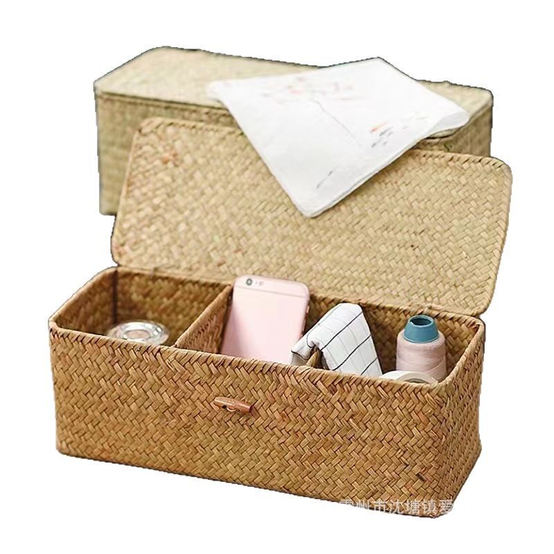 Seagrass European-Style Desktop Storage Box with Lid, Living Room and Bedroom Storage Basket, Snack Storage Box, Compartmentalized Storage Basket