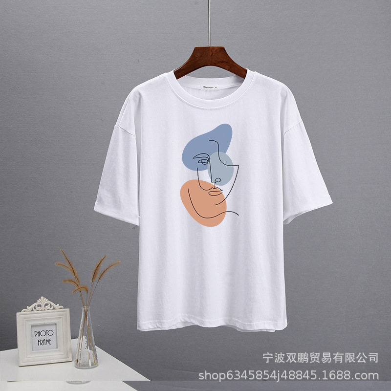 Abstract Aesthetic Printed T Shirt for Women Soft Cotton Loose Fit Basic Style Summer Casual Wear Wholesale
