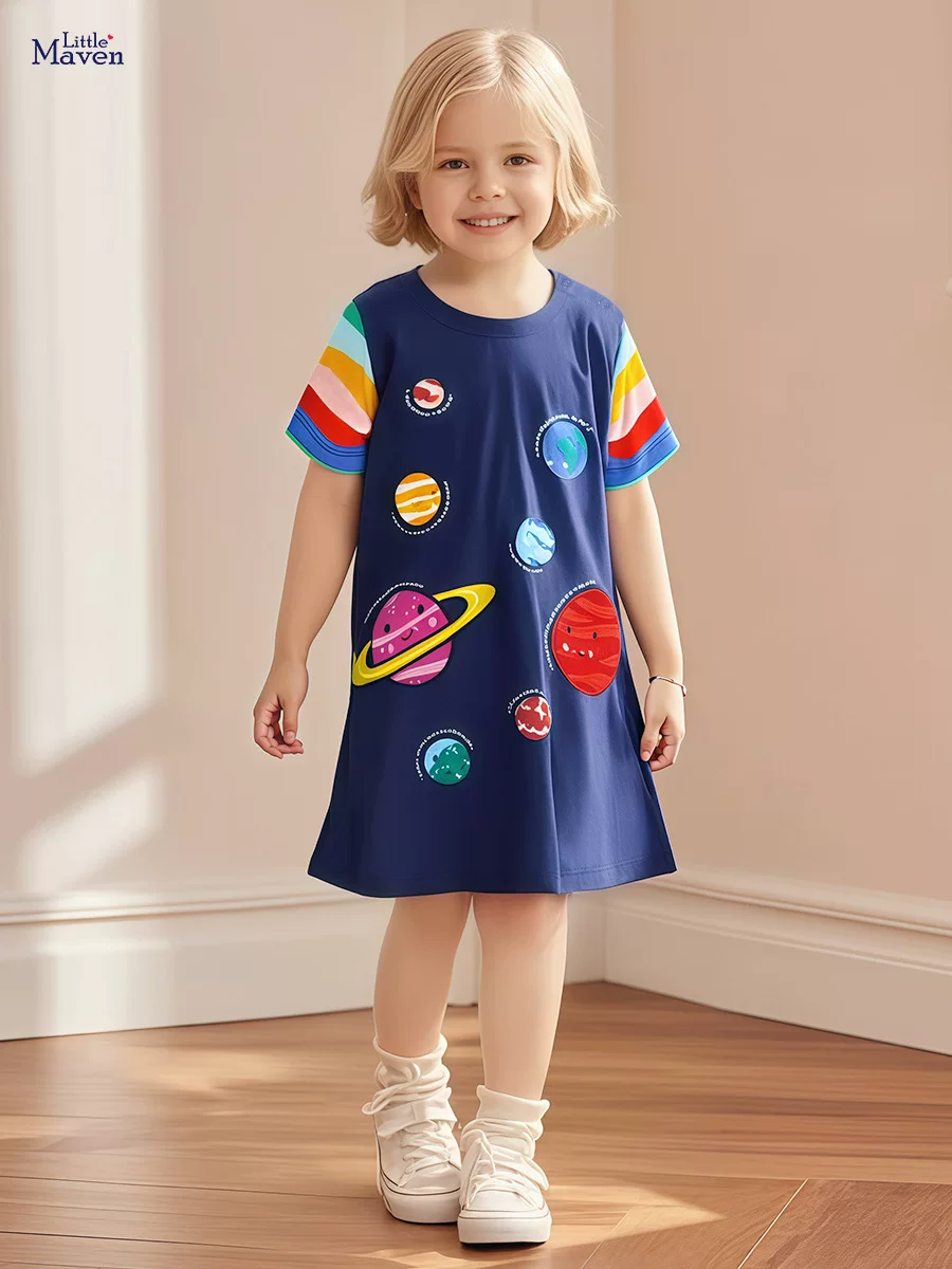 Girls' Short-sleeve Dress, Summer Cotton Kids' Dress, Cute Cartoon Kids' Skirt