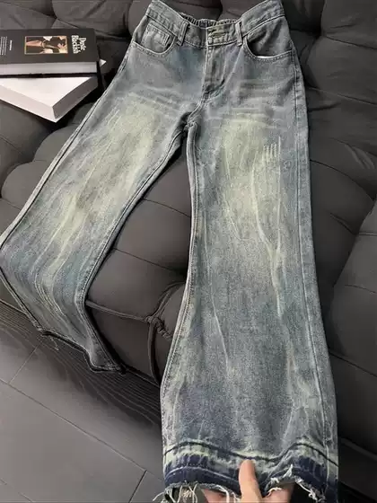 Lightning Pattern Jeans Men's Straight Loose Wide-Leg American High Street Pants Trendy Brand Handsome Washed Retro Bootcut Pants
