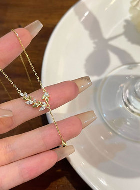 S925纯银麦穗项链女轻奢小众级感小清新树叶穗穗平安锁骨链项饰