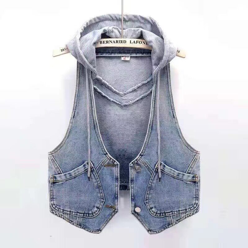 Spring and Autumn fashion hooded short Denim Vest Women's loose Korean style hooded vest vest coat waistcoat outer wear