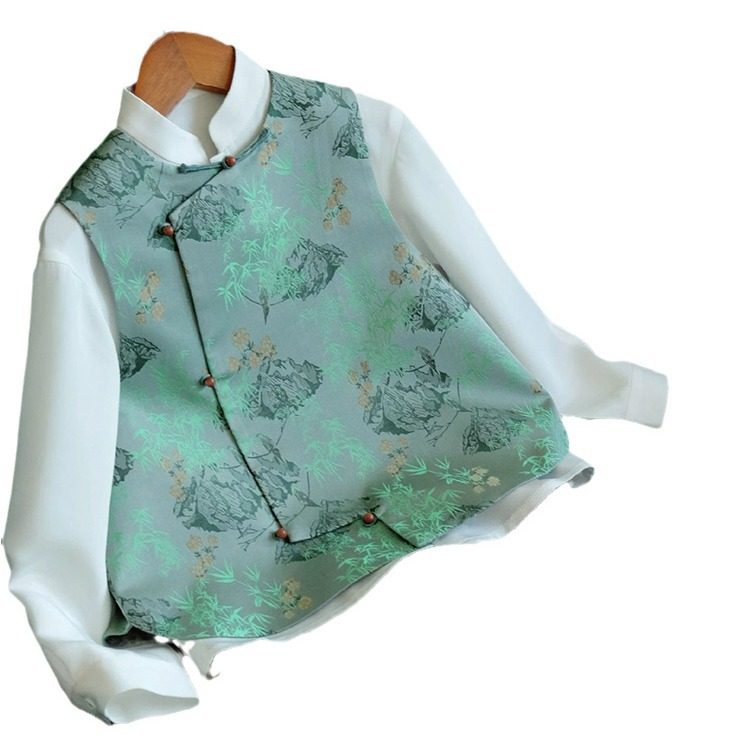New Chinoiserie National Style Tang Suit Green Printed Vest Jacket Women's Spring and Summer Waistoutwear Buttoned Vest