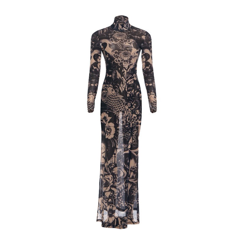 Fashion Long Sleeve High Split Top Unique Print Half Turtleneck Trendy Design Spring Womens Apparel Wholesale