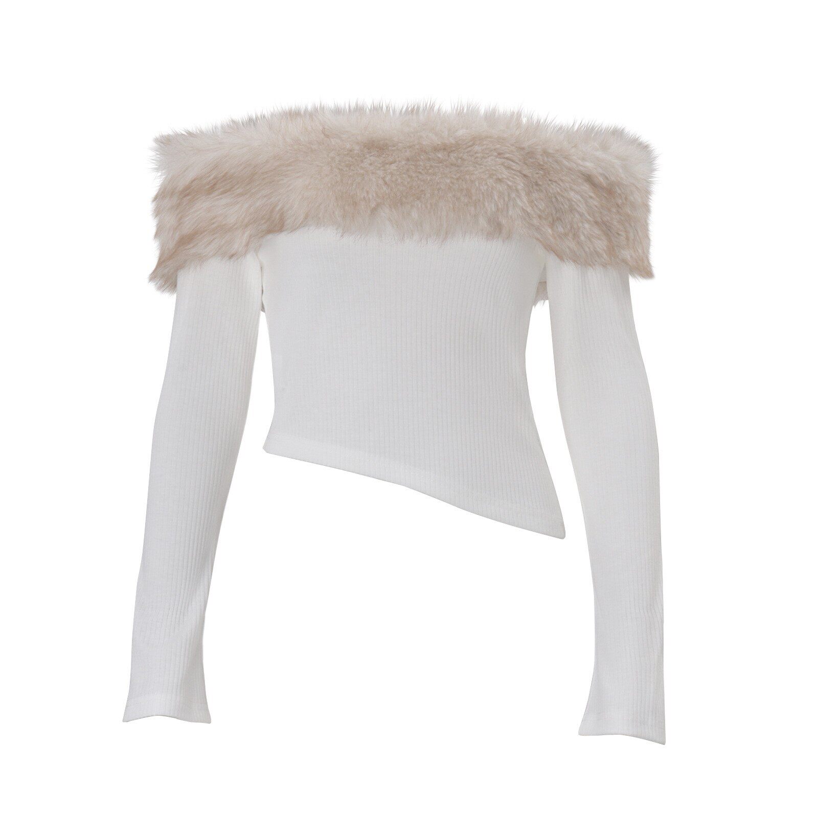 Womens Winter Top Sexy Off Shoulder Design Irregular Long Sleeve with Fur Collar Slim Fit Perfect for Casual or