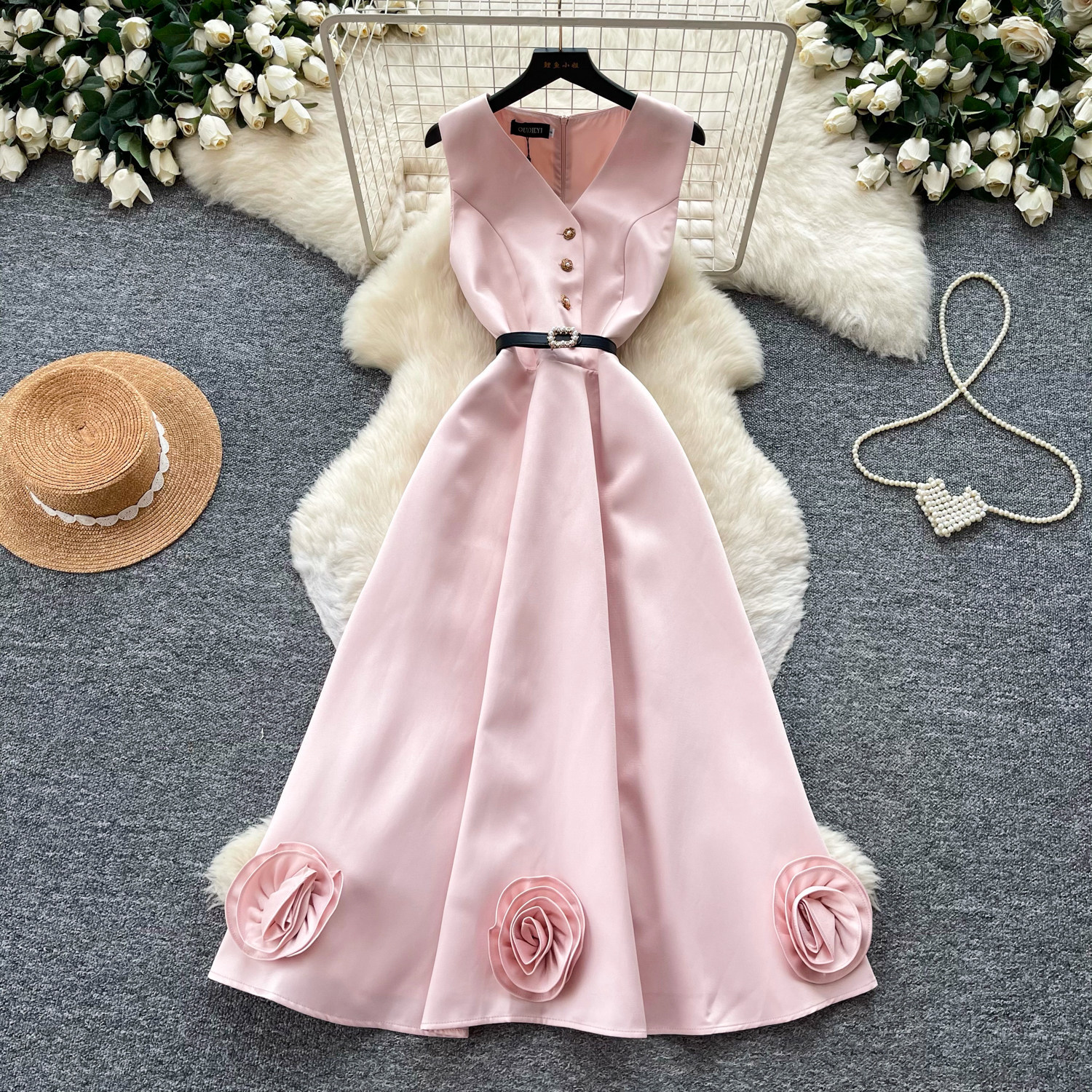 Sleeveless A Line Dress for Women Waist Defining 3D Floral Design Slim Fit Summer Office Wear or Special Occasion