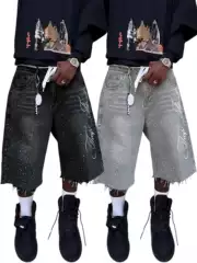 American Retro Washed High Street Denim Shorts for Men and Women, Straight Wide Legs, Distressed, Loose, Casual, Versatile Cropped Pants