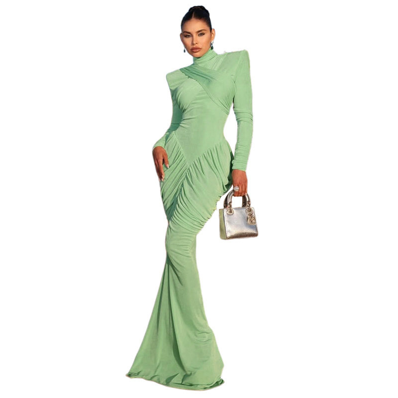 High Neck Long Sleeve Bodycon Dress Solid Color Ruffled Design Elegant Style Autumn Winter Fashion Wholesale