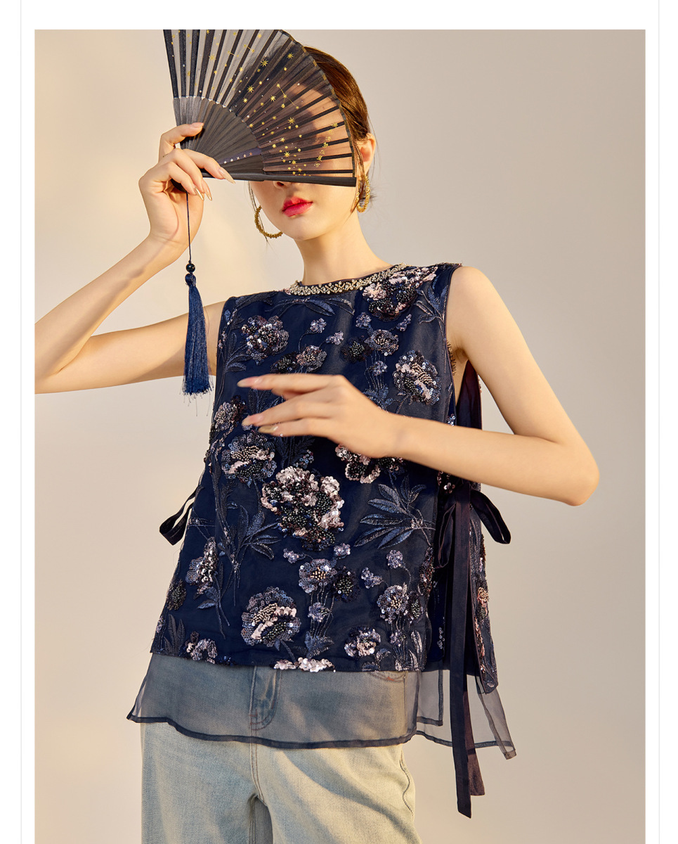 Áo vest nữ thêu cườm đính đá cổ tròn phối hoa văn — Jiyue Blue (giao hàng trong 7 ngày), Jiyue Blue (phát hành cùng ngày)