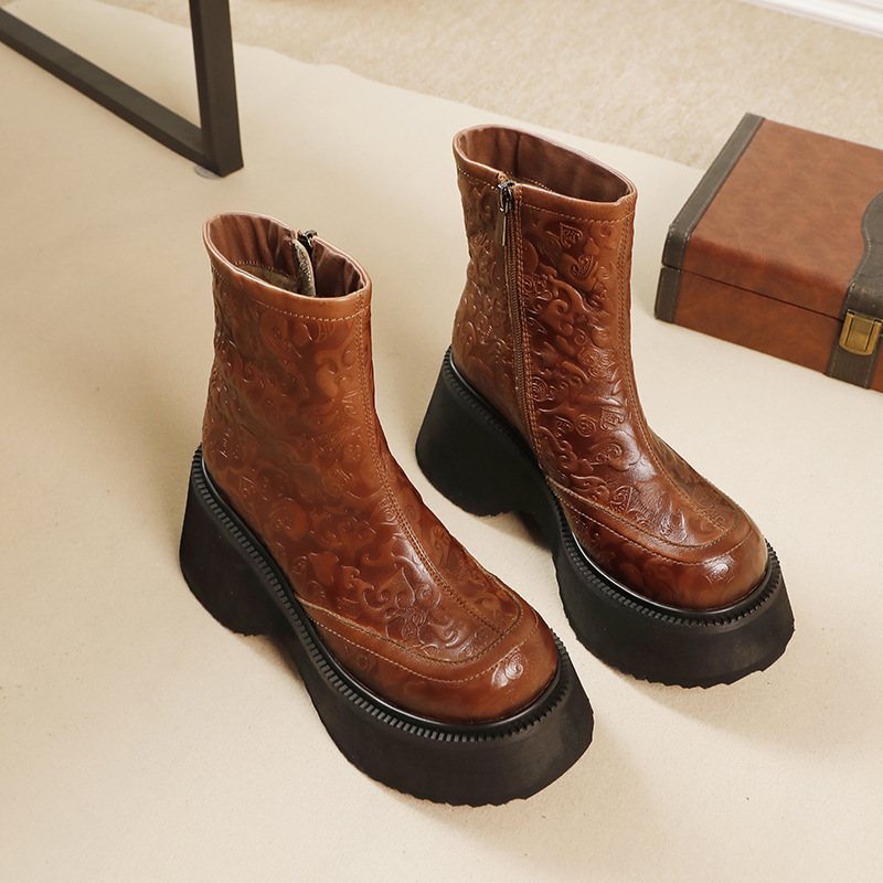 Boot nữ cổ thấp da bò lớp đầu lót lông giữ ấm gót vuông — Màu cà phê, Màu đen