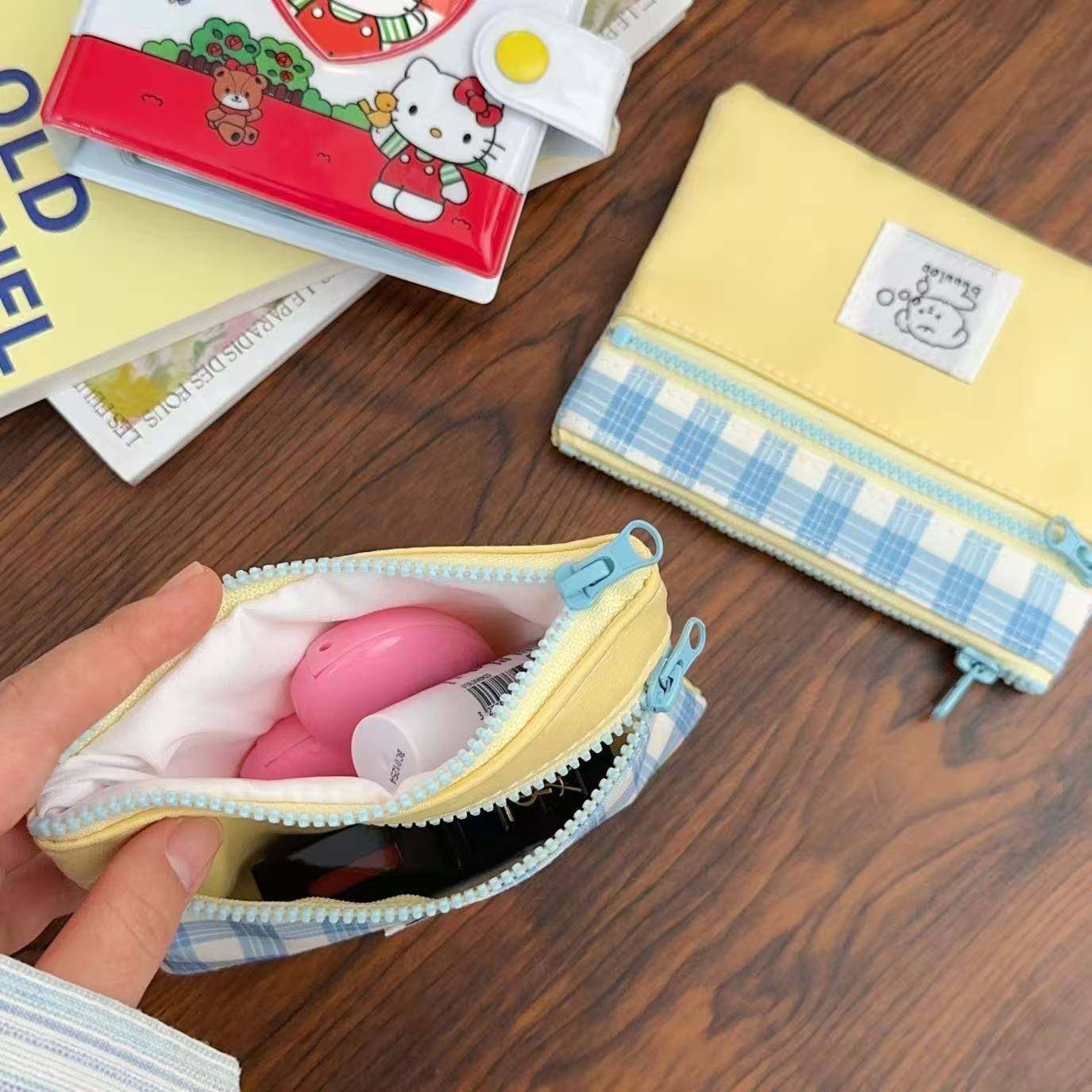 New Spliced ​​Double-Layer Zipper Storage Bag, Small Fresh Custard Plaid Lipstick Earphone Bag, Portable Clutch Bag, Card Holder