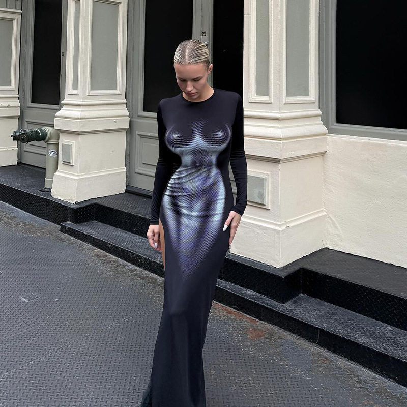 3D Body Print Long Sleeve Bodycon Dress Stylish Slim Fit Spring Fashion Perfect for Parties and Night Out Wholesale