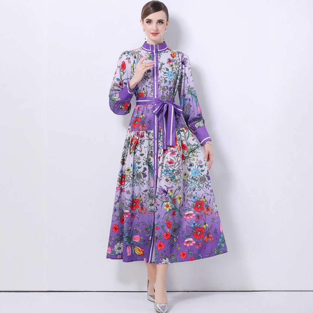 Vintage Elegant Printed Maxi Dress for Women Autumn Style Tie Waist Button Front Flared Skirt Wholesale Available