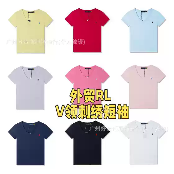 Export Version Rl Ralph Lauren Embroidered Classic Basic Style Trendy Slim-Fit V-Neck Short-Sleeve T-Shirt for Women