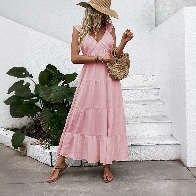 Sleeveless V Neck White Dress Simple Design Beach Vacation Style Lightweight Fabric Wholesale Available