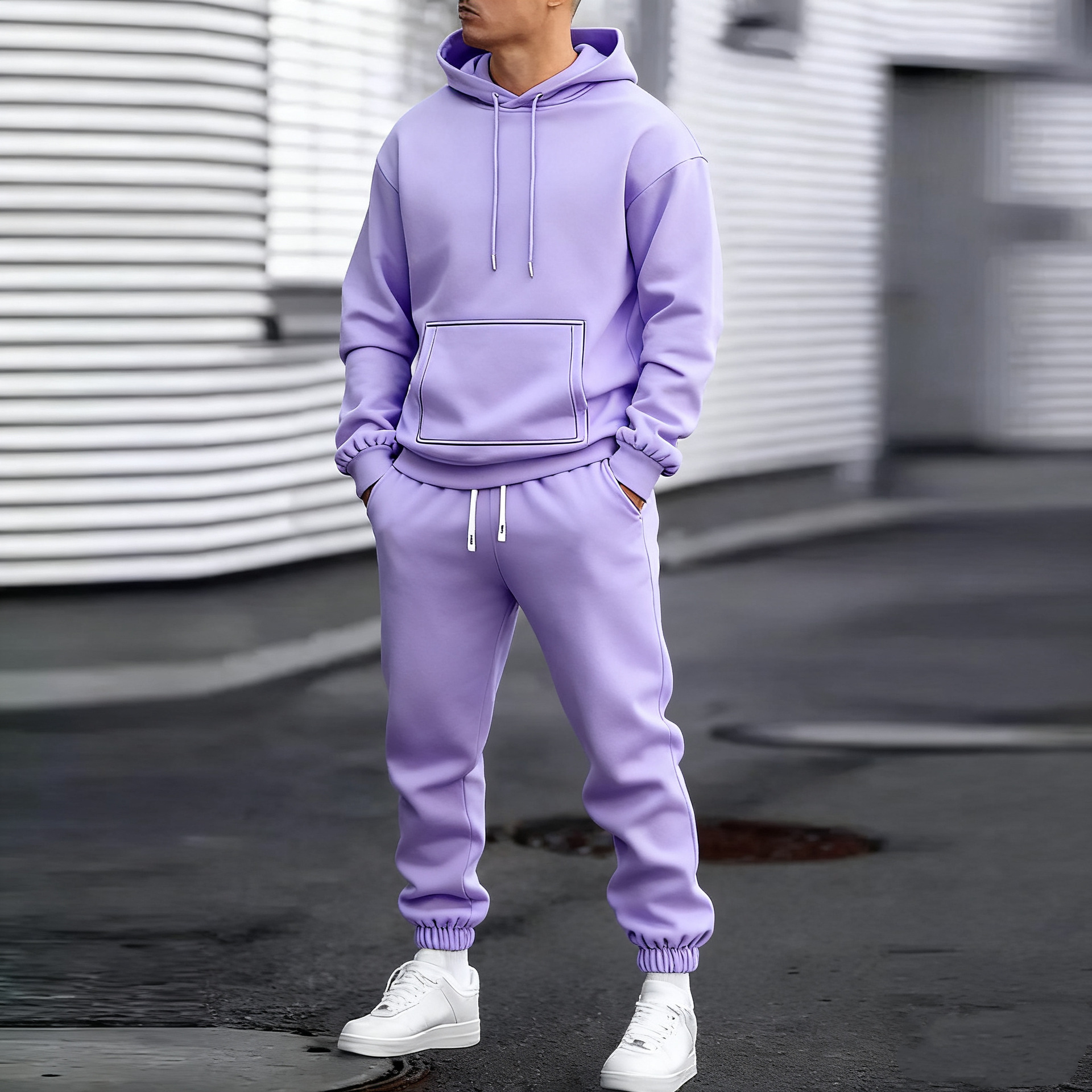 2025跨境男士秋季套装休闲运动纯色连帽衫男两件套宽松卫衣男装
