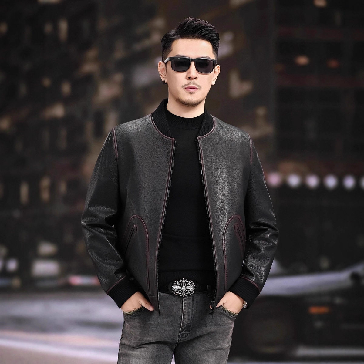 Áo Khoác Da Thật Dáng Bomber Nam Da Dê Cổ Bóng Chày Trung Niên Thu Đông Màu Đen