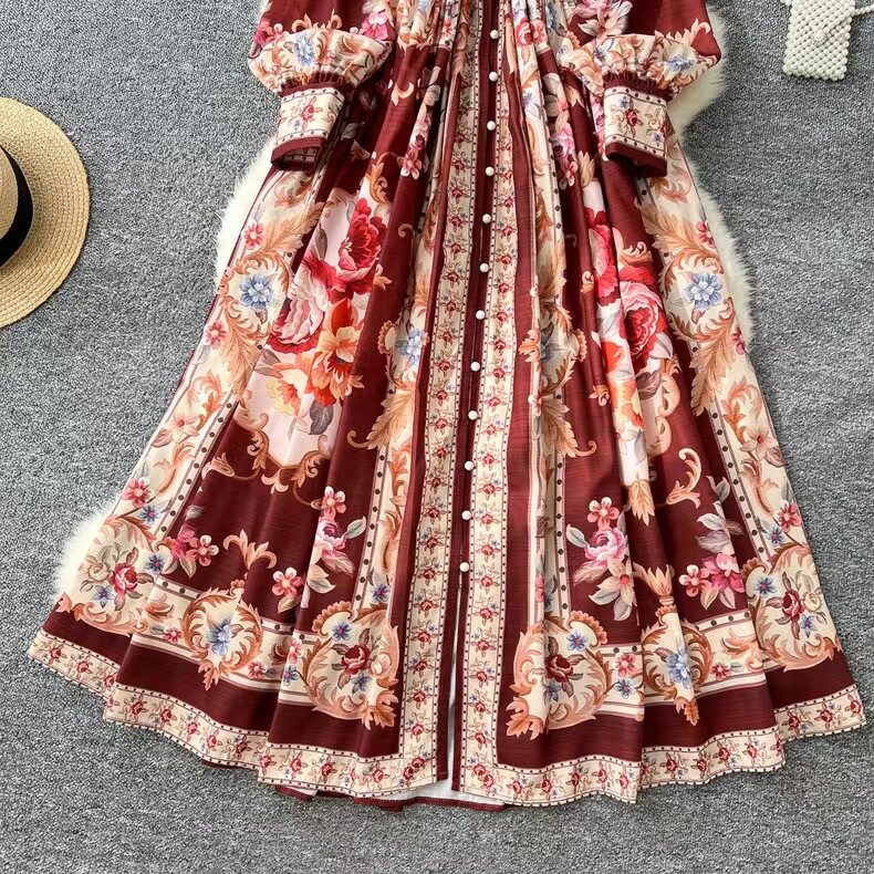 Elegant Vintage V Neck Long Sleeve Button Up Dress Waist Defining Floral Print Pleated Design Perfect for Parties and