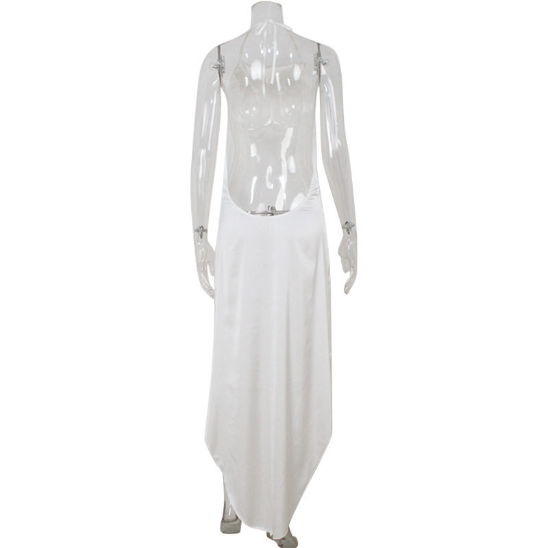 Spring Womens Dress Elegant Satin Fabric Sleeveless High Low Hem Backless Design Perfect for Parties and Events
