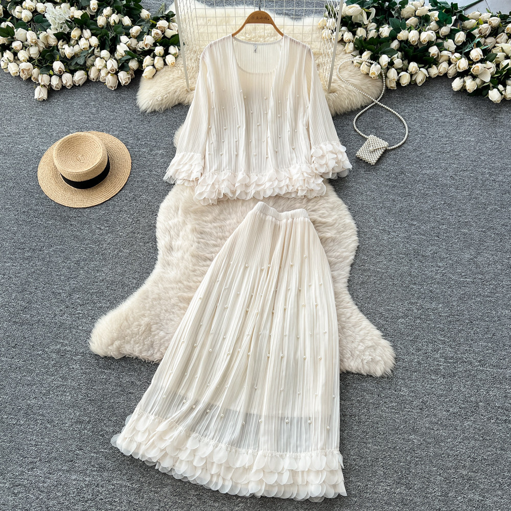 French Style Elegant 3D Petal Embellished Long Sleeve Two Piece Skirt Set Autumn Fashion Womens Chic Outfit Wholesale
