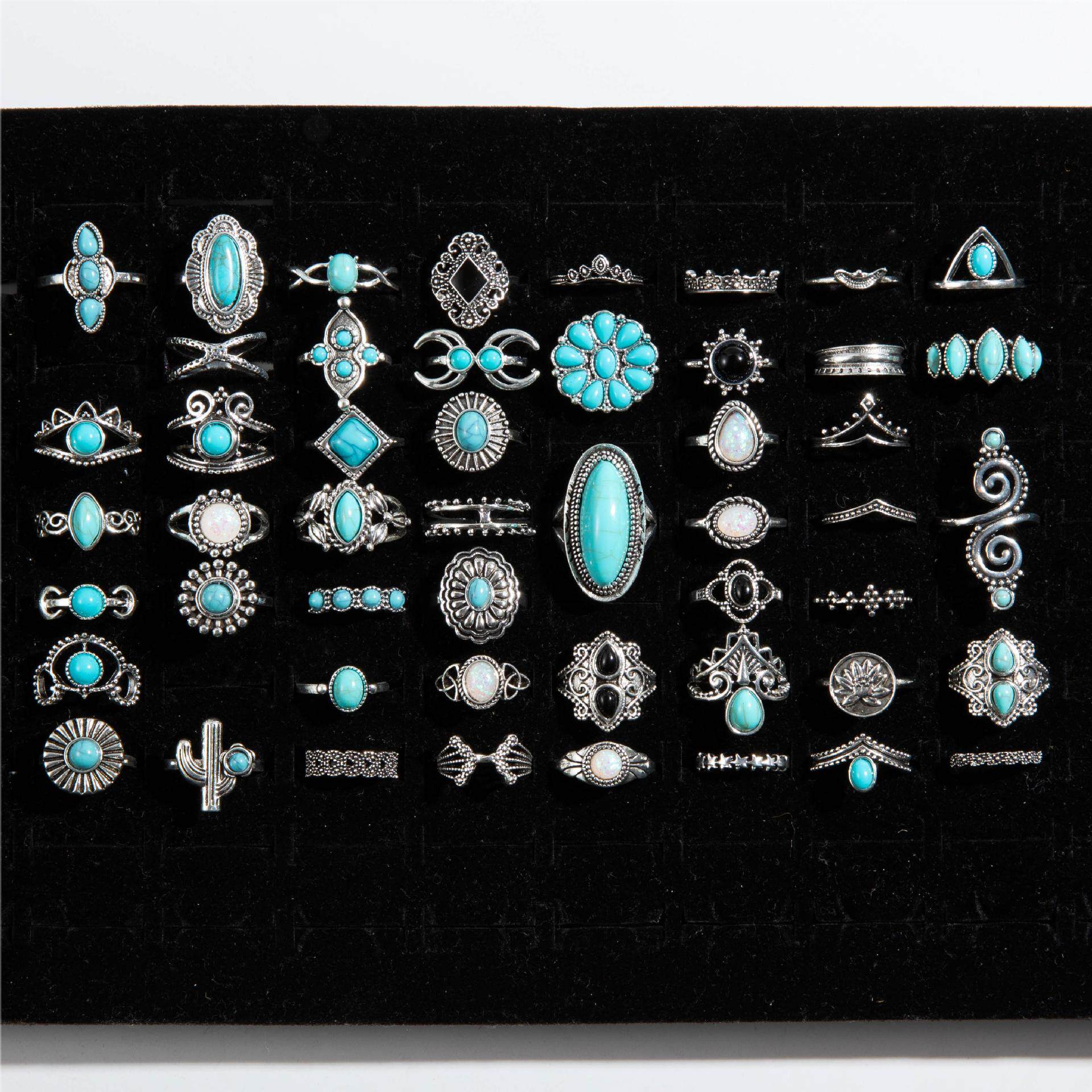 Cross-border Ethnic Style Flower Turquoise Ring Set Geometri...