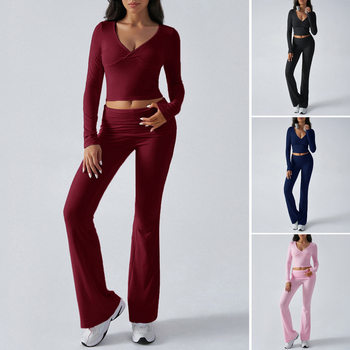2025 Cross-Border European and American Clothing Amazon Casual Sports Slim Knitted Long-Sleeved Trousers Two-Piece Suit