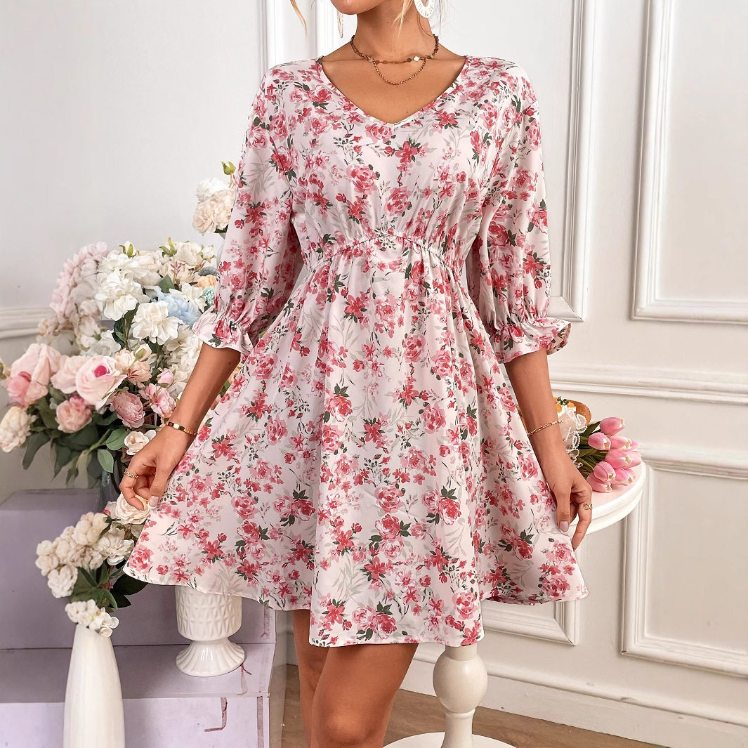 Floral Print Womens Dress Spring Ruffled Trim Tie Waist Color Block Design Casual Wear Wholesale Available