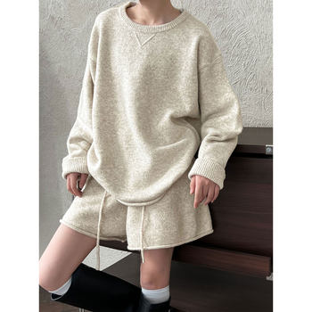 Casual Soft Waxy Wool Sweater + Shorts Two-Piece Set for Women 2025 Autumn New Knitted Korean Daily Suit Ss763