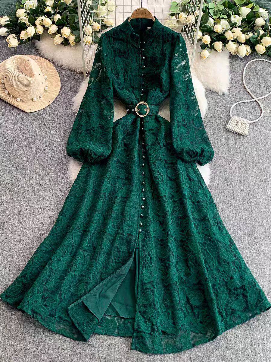 Elegant Womens Dress French Style Lace Slim Fit Button Closure Floral Embroidery Perfect for Formal Occasions