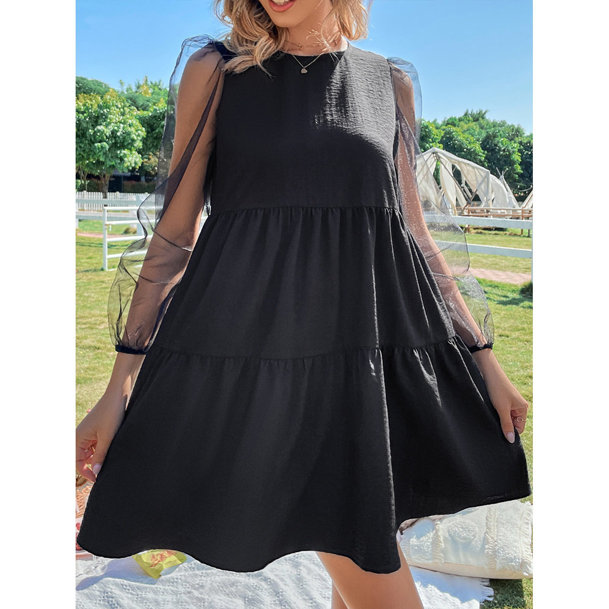 Elegant Hollow Out Long Sleeve Dress Color Block Design Round Neck Trendy Style Perfect for Parties and Events