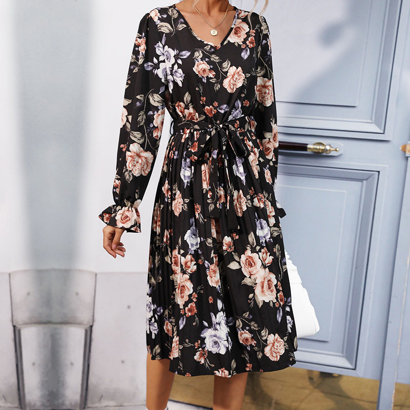Printed Long Sleeve Dress Pleated Design Mid Length Fashionable for Women Perfect for Casual or Formal Occasions