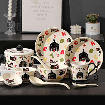 Cartoon Ceramic Tableware Rice Bowl Plate Household Cute Big Soup Bowl High Temperature Resistant Dishes Spoon Noodle Bowl suit