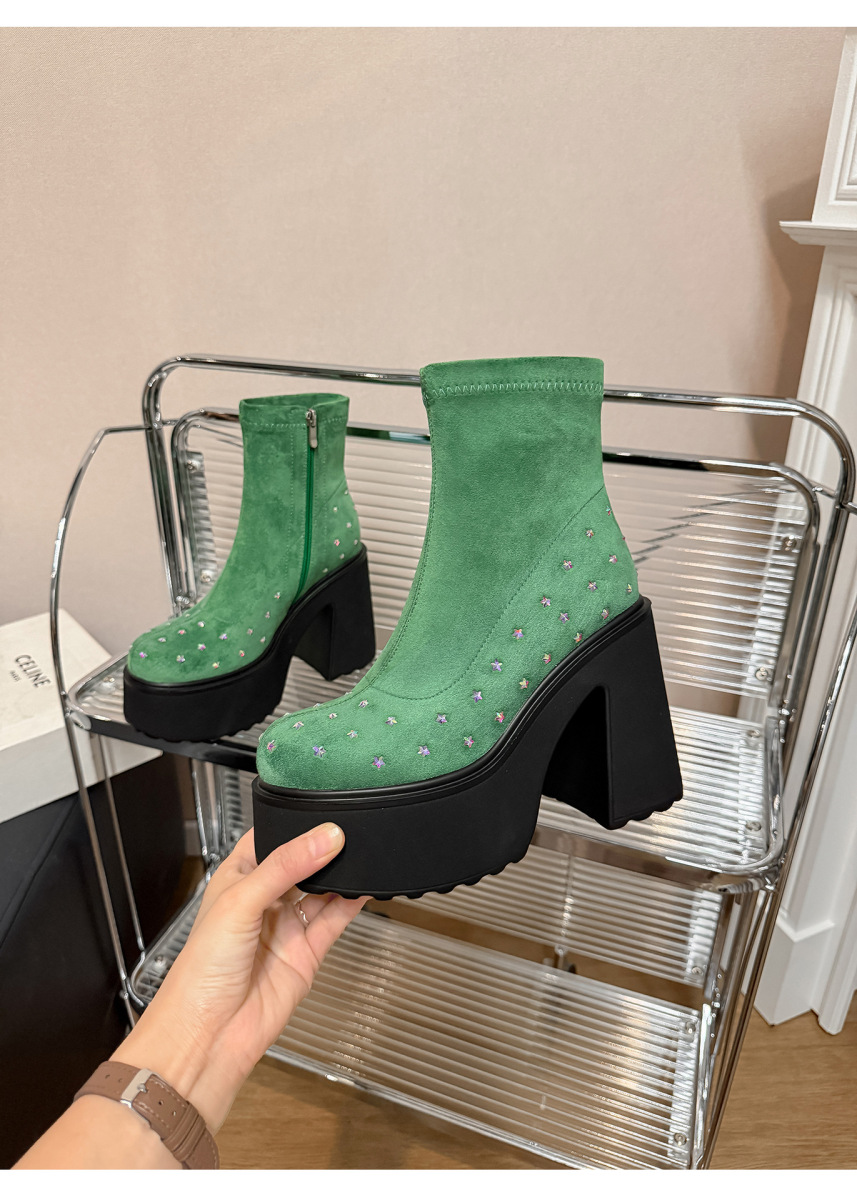 Boot nữ cổ ngắn đế dày khóa kéo bên hông, gót thô tăng chiều cao — Lớp lót đơn màu đen, Lớp lót đơn màu xanh lá, Lót nhung đen, Lót nhung xanh lá