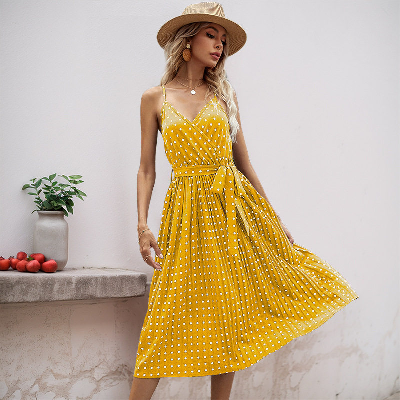 Polka Dot Midi Dress Sleeveless Tie Waist Pleated Design Casual Summer Wear Wholesale Available