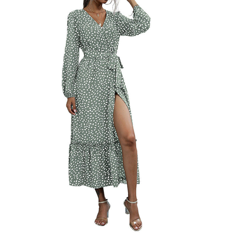 Elegant Long Dress Green Floral Print Split Design Ideal for Autumn and Winter Wholesale Available
