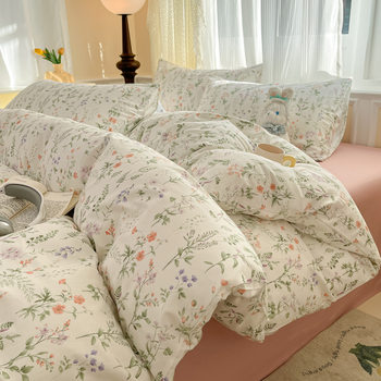 New Ins Small Fresh Pastoral Flower Cotton Four-piece Set Twill Bed Sheet Quilt Cover Bed Hat Three-piece Set Bedding 4