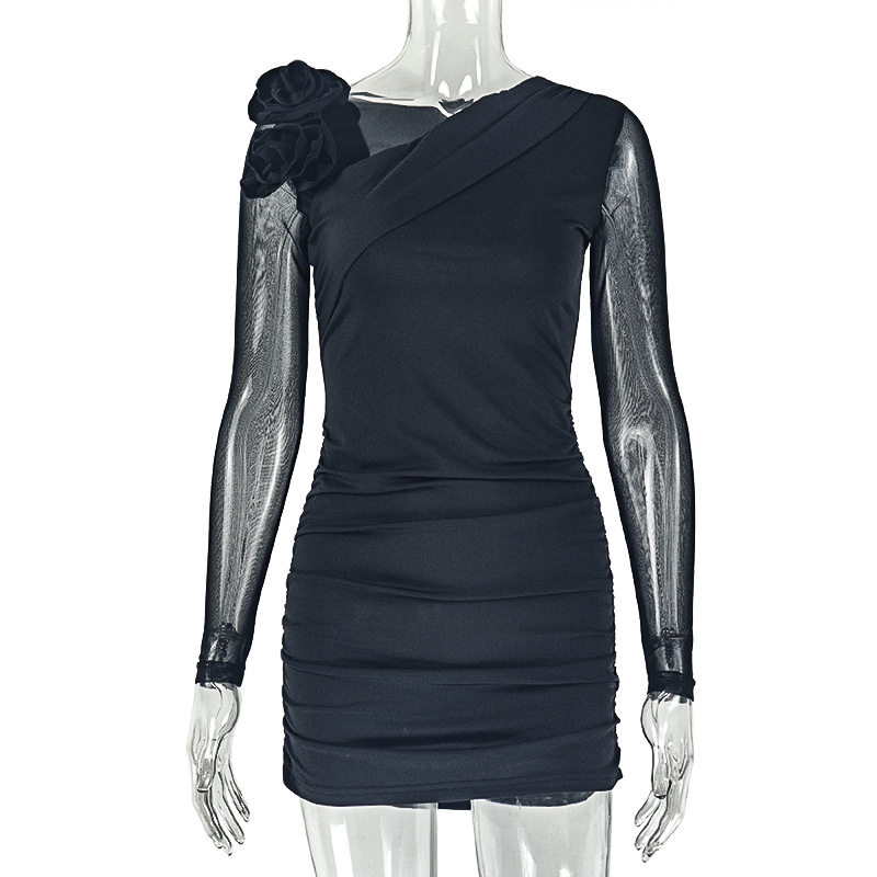 Sheer Mesh Bodycon Dress Solid Color Asymmetrical Neckline Long Sleeve Floral Design Evening Wear Party Dress